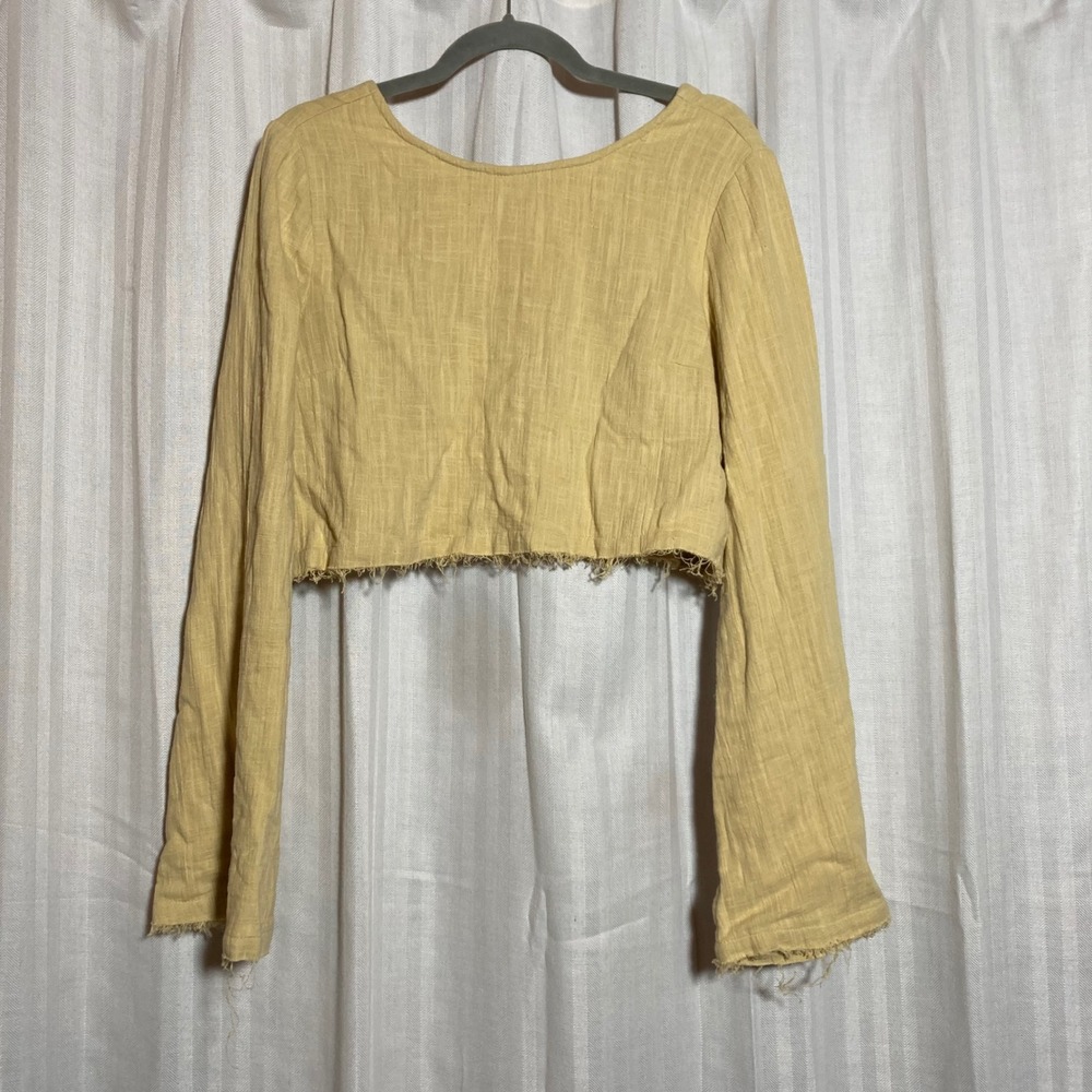 Free People Yellow Cotton Gauze Long Sleeve Crop Top Scoop Back Frayed Hem L